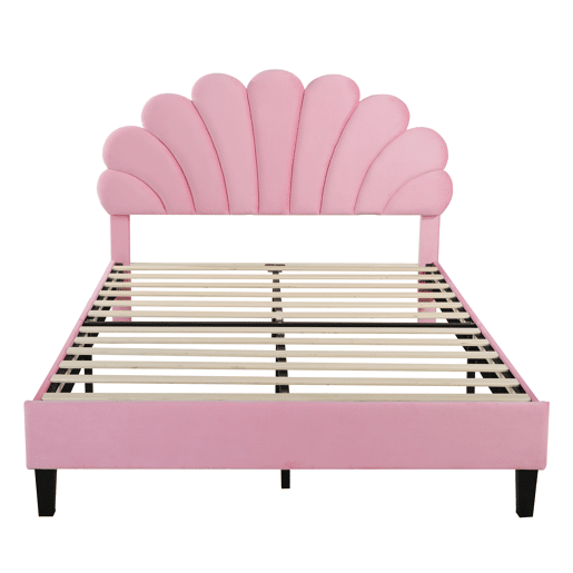Cama de casal estofada em veludo - 140x200cm - cabeceira em forma de flor - com estrado de ripas - Rosa