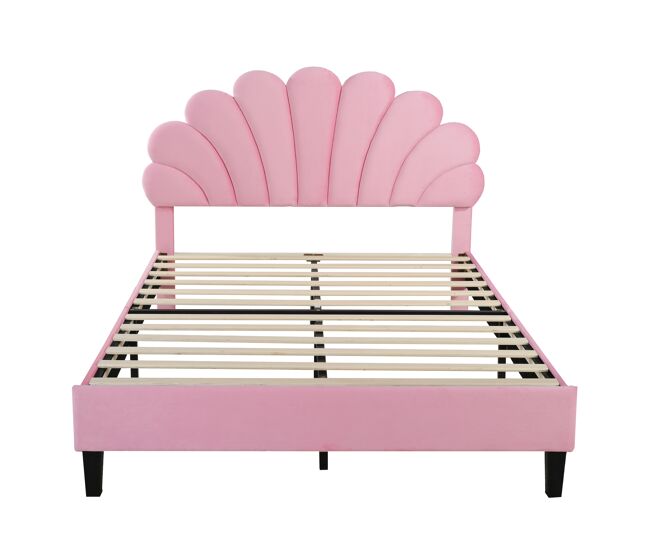 Cama doble tapizada en terciopelo - 140x200cm - cabecero en forma de flor - con somier de láminas - rosa
