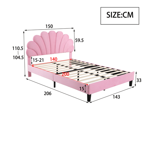 Cama de casal estofada em veludo - 140x200cm - cabeceira em forma de flor - com estrado de ripas - Rosa