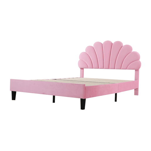 Cama de casal estofada em veludo - 140x200cm - cabeceira em forma de flor - com estrado de ripas - Rosa