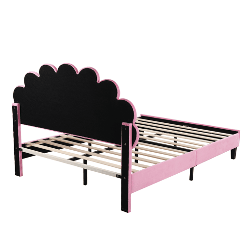 Cama de casal estofada em veludo - 140x200cm - cabeceira em forma de flor - com estrado de ripas - Rosa