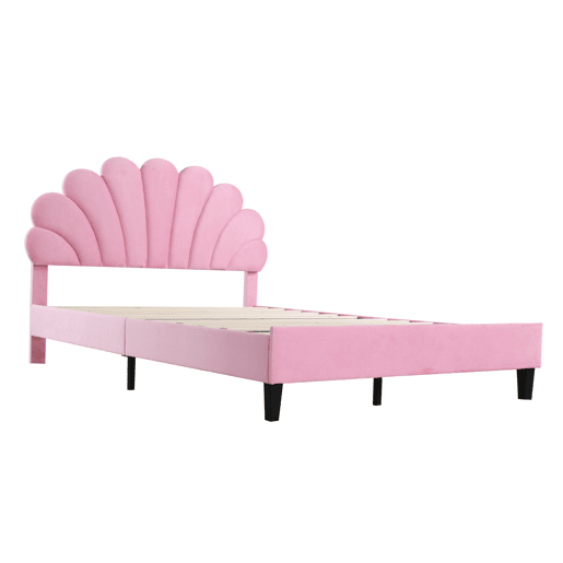 Cama de casal estofada em veludo - 140x200cm - cabeceira em forma de flor - com estrado de ripas - Rosa