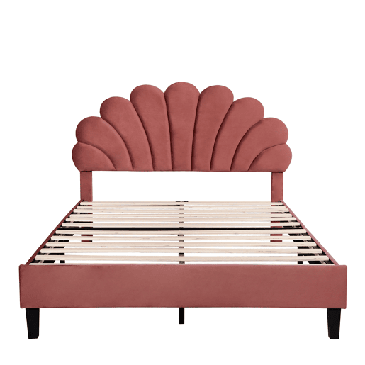Cama de casal estofada em veludo - 140x200cm - cabeceira em forma de flor - com estrado de ripas - Vermelho