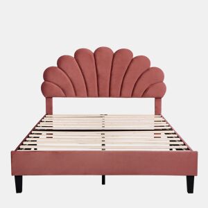 Cama de casal estofada em veludo - 140x200cm - cabeceira em forma de flor - com estrado de ripas - Vermelho