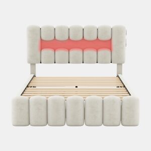 Cama estofada em veludo - 160x200cm - 4 gavetas + LED + Portas de carregamento + Leitor - Bege