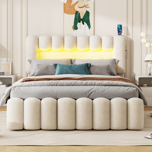 Cama estofada em veludo - 160x200cm - 4 gavetas + LED + Portas de carregamento + Leitor - Bege