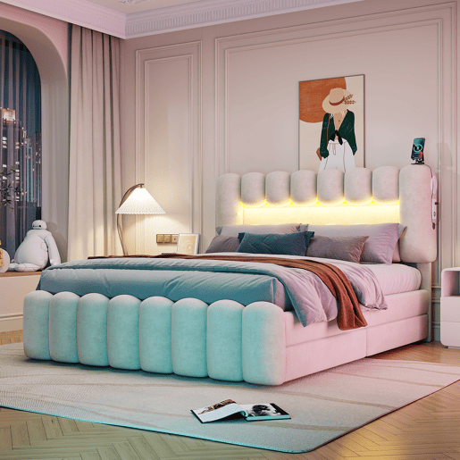 Cama estofada em veludo - 160x200cm - 4 gavetas + LED + Portas de carregamento + Leitor - Bege
