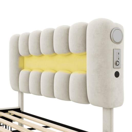 Cama estofada em veludo - 160x200cm - 4 gavetas + LED + Portas de carregamento + Leitor - Bege