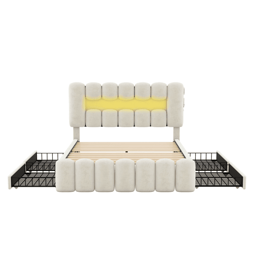Cama estofada em veludo - 160x200cm - 4 gavetas + LED + Portas de carregamento + Leitor - Bege