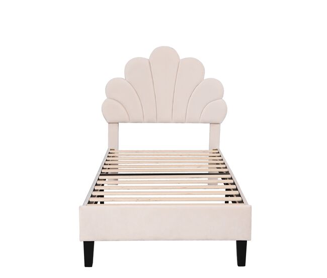 Cama individual tapizada en terciopelo - 90x200cm - cabecero en forma de flor - con somier - beige