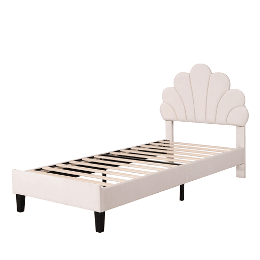 Cama individual estofada em veludo - 90x200cm - cabeceira em forma de flor - com estrado - Bege