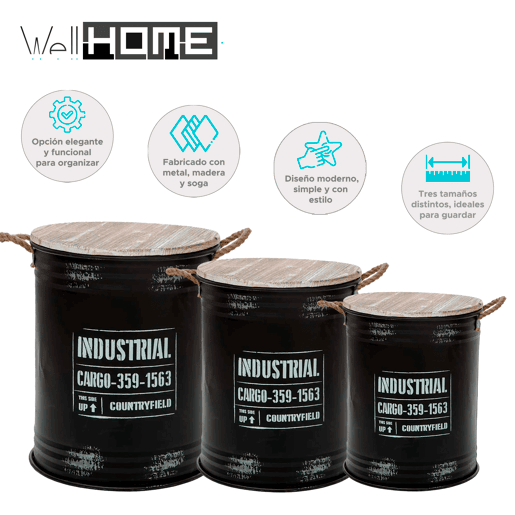 WELL HOME - CONJUNTO de 3 cubos de metal Southbay
