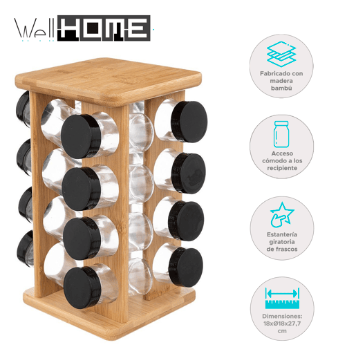 WELL HOME - Rack de temperos giratório para 16 temperos em bambu WELL HOME - Rack de temperos giratório para 16 temperos em bambu