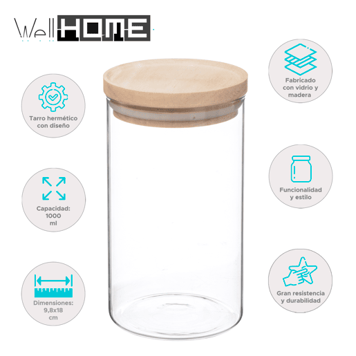 WELL HOME - Frasco de vidro e madeira, fecho hermético 1L