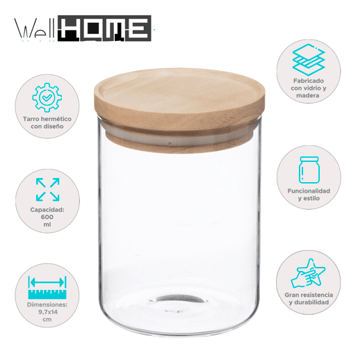 WELL HOME - Frasco de vidro e madeira, selo hermético 600ML