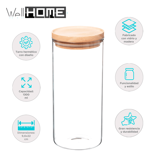 WELL HOME - Frasco de vidro e madeira, fecho hermético 1,3L