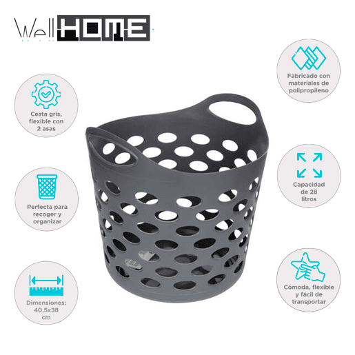 WELL HOME - Cesto de roupa suja cinza 28 L