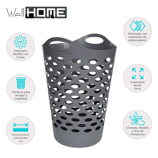 WELL HOME - Cesto de roupa suja cinza 60L