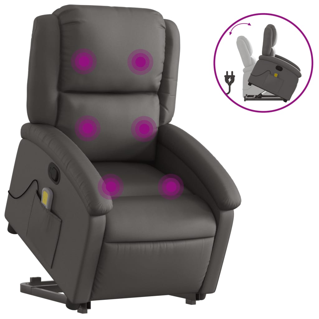 Vidaxl sillón reclinable de masaje elevable cuero auténtico gris