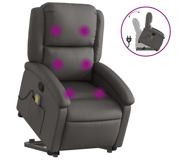Vidaxl sillón reclinable de masaje elevable cuero auténtico gris