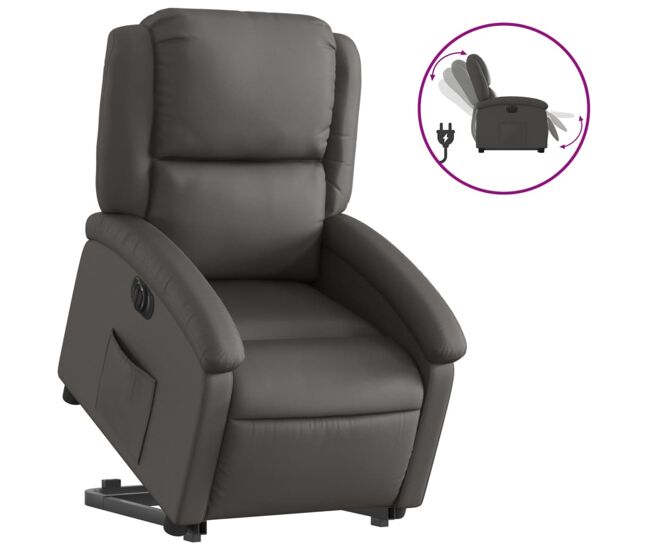 Vidaxl sillón reclinable eléctrico elevable cuero auténtico gris