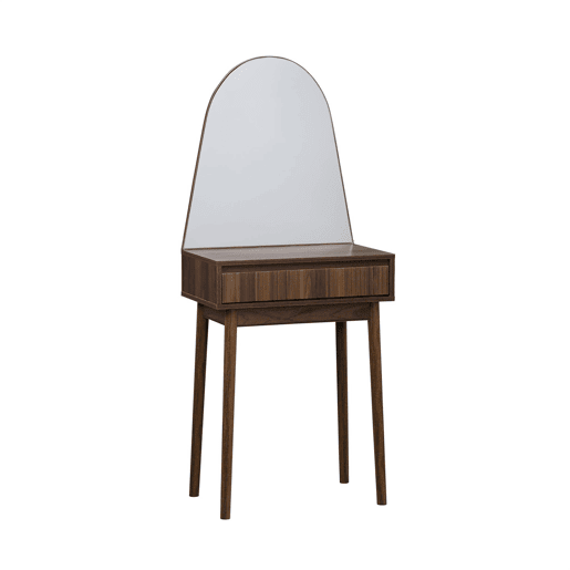 Toucador decorado efeito madeira, espelho arredondado, 60cm, Linear, Madeira de nogueira, 60x35x147.5 cm