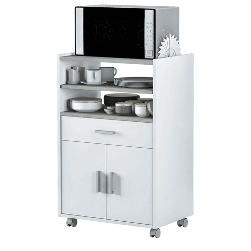 Móveis de cozinha modernos em branco e cinza (3 armários + carrinho para micro-ondas + mesa dobrável)