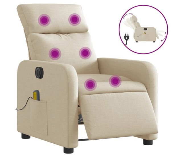 Vidaxl sillón reclinable de masaje eléctrico tela color crema