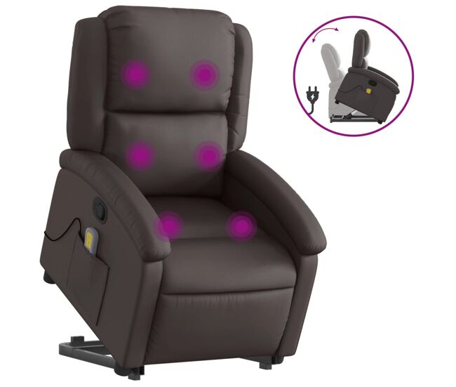 Vidaxl sillón reclinable masaje elevable cuero auténtico marrón oscuro