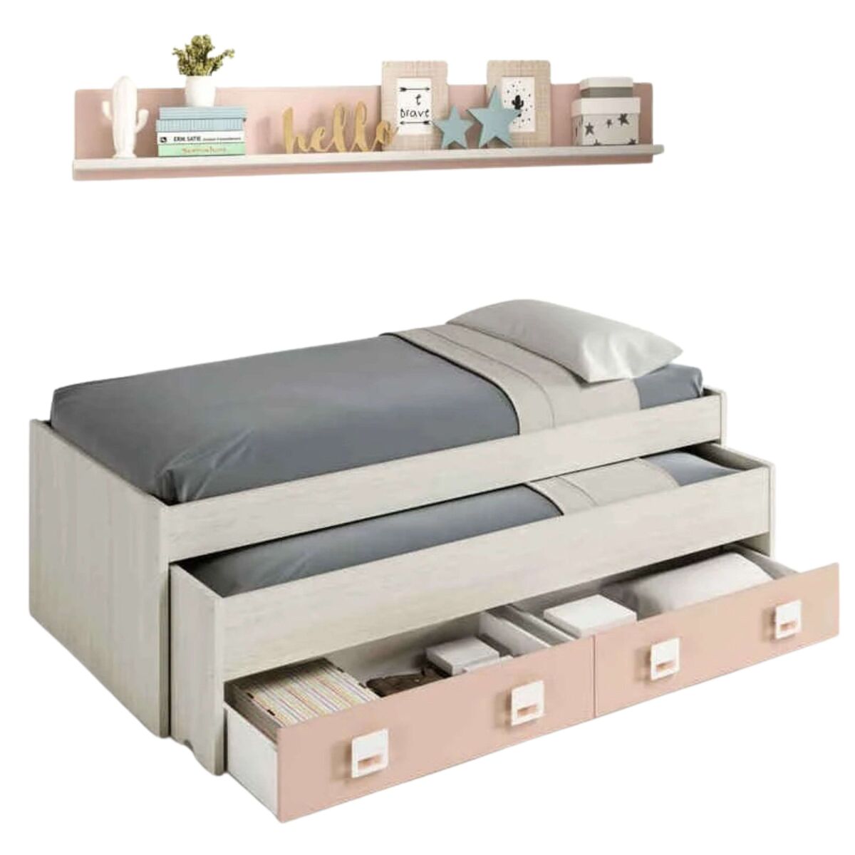 Pack habitación juvenil infantil rosa gris blanco alpes completo (cama nido+estante+armario+escritorio+estantería) con somieres