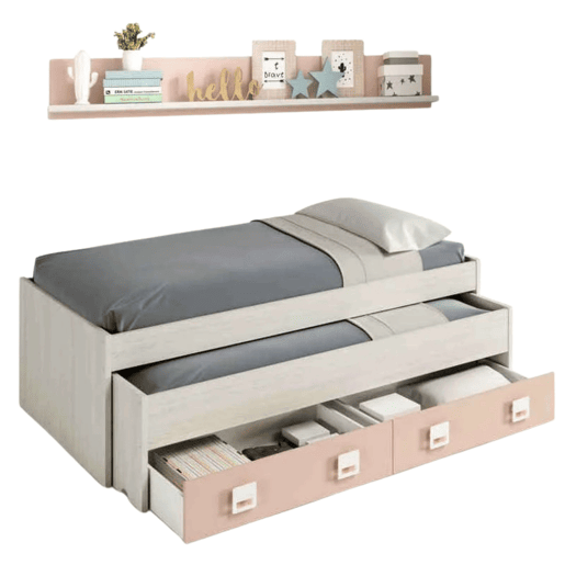 Pacote completo de quarto juvenil infantil rosa cinza branco Alpes (cama de rodízio + prateleira + guarda-roupa + escrivaninha + prateleira) Com bases de ripas