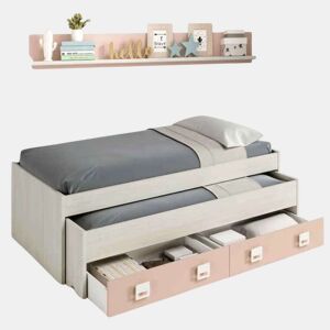 Pacote completo de quarto juvenil infantil rosa cinza branco Alpes (cama de rodízio + prateleira + guarda-roupa + escrivaninha + prateleira) Com bases de ripas