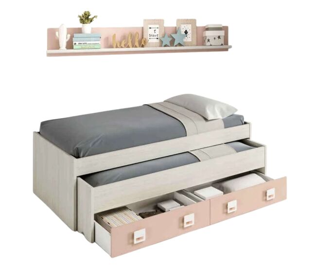 Pack habitación juvenil infantil rosa gris blanco alpes completo (cama nido+estante+armario+escritorio+estantería) con somieres