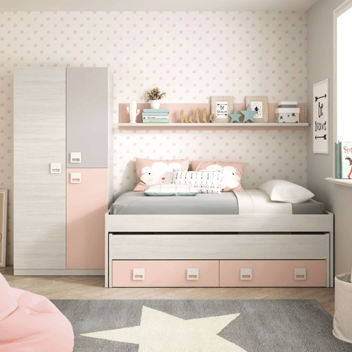 Pacote completo de quarto juvenil infantil rosa cinza branco Alpes (cama de rodízio + prateleira + guarda-roupa + escrivaninha + prateleira) Com bases de ripas