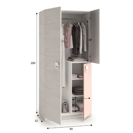 Pacote completo de quarto juvenil infantil rosa cinza branco Alpes (cama de rodízio + prateleira + guarda-roupa + escrivaninha + prateleira) Com bases de ripas