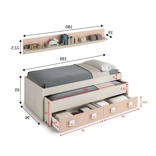 Pacote completo de quarto juvenil infantil rosa cinza branco Alpes (cama de rodízio + prateleira + guarda-roupa + escrivaninha + prateleira) Com bases de ripas