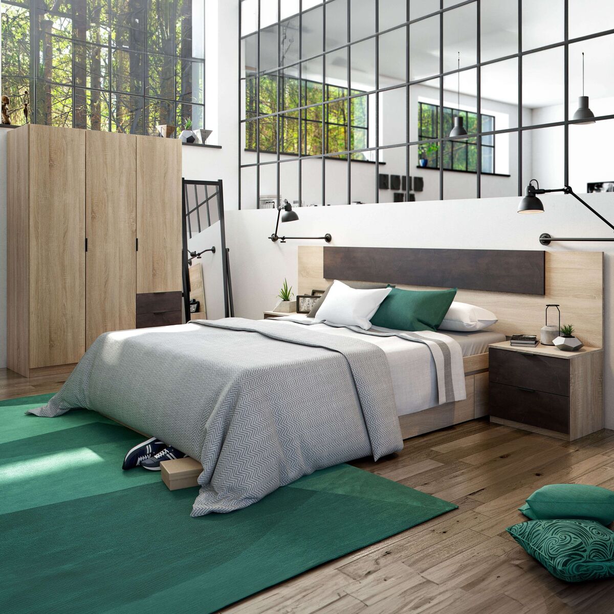 Pack muebles dormitorio andy armario cabezal 2 mesitas cama 150x190 2 cajones estilo industrial habitación oxido