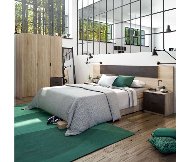 Pack muebles dormitorio andy armario cabezal 2 mesitas cama 150x190 2 cajones estilo industrial habitación oxido