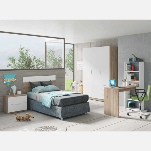 Pacote de móveis para quarto juvenil em Artik White e carvalho canadense (cabeceira + mesa de cabeceira, mesa + prateleira e guarda-roupa) Pacote de móveis para quarto juvenil em Artik White e carvalho canadense (cabeceira + mesa de cabeceira, mesa + prateleira e guarda-roupa)