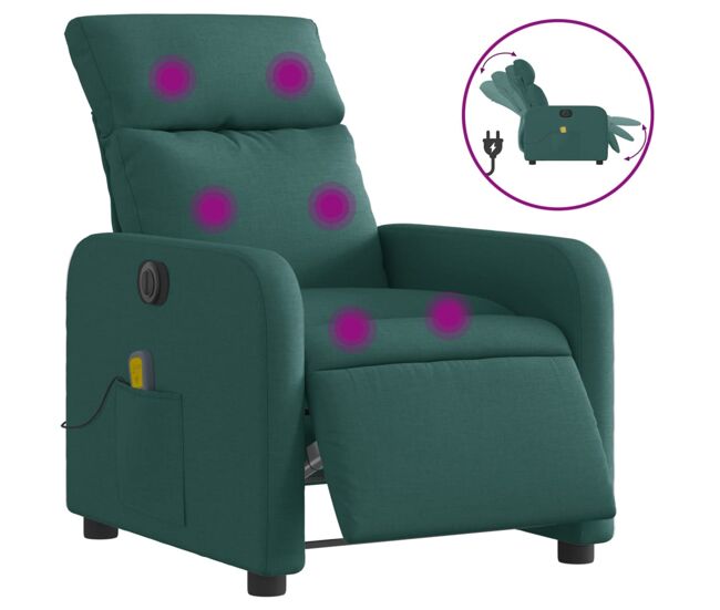 Vidaxl sillón reclinable de masaje eléctrico tela verde oscuro