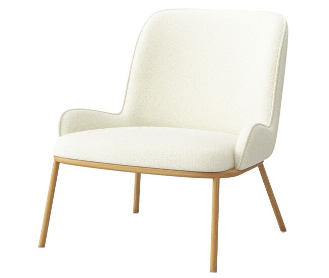 Sillón de tela bouclé ecru y metal efecto roble