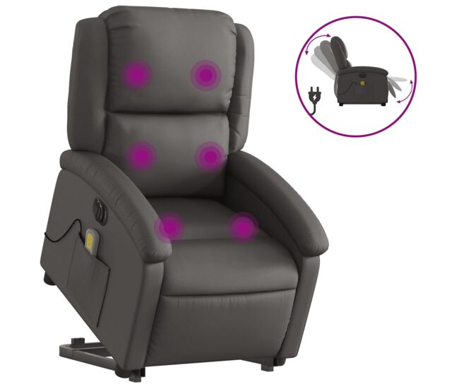 Vidaxl sillón reclinable masaje eléctrico de pie cuero auténtico gris