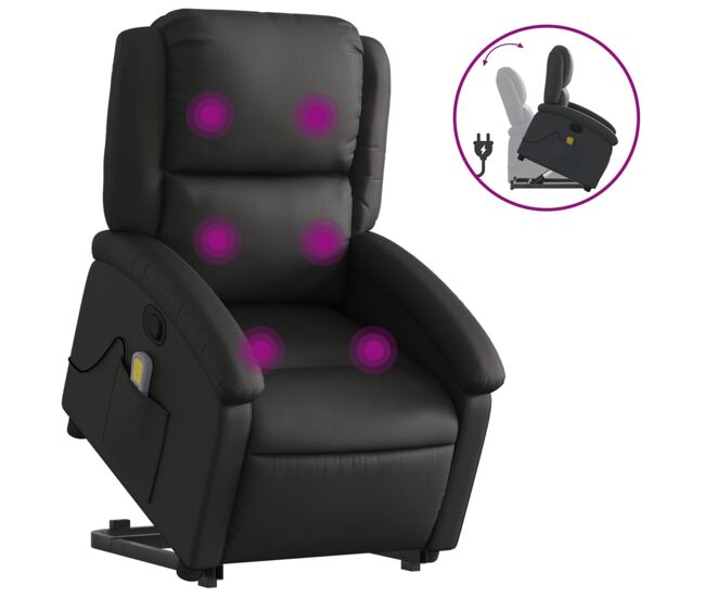 Vidaxl sillón reclinable de masaje elevable cuero auténtico negro