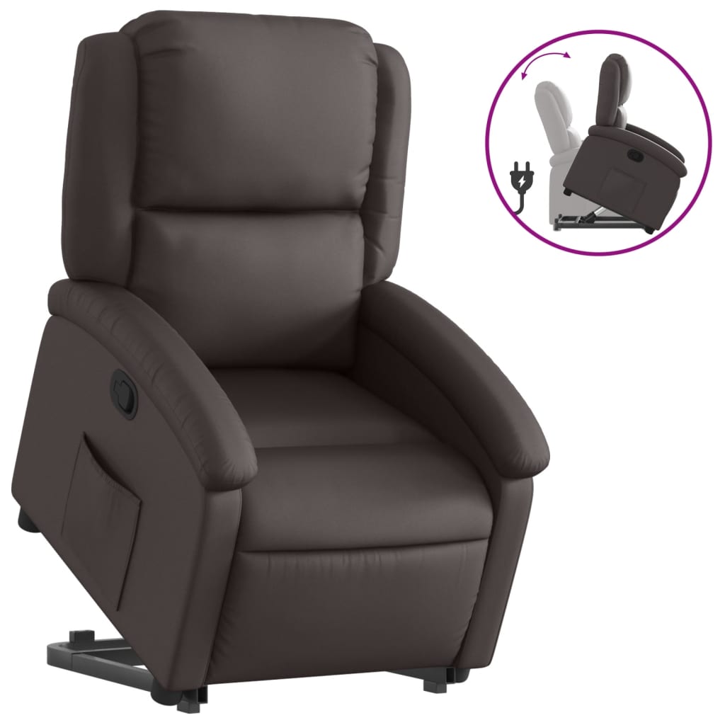 Vidaxl sillón reclinable elevable cuero auténtico marrón oscuro