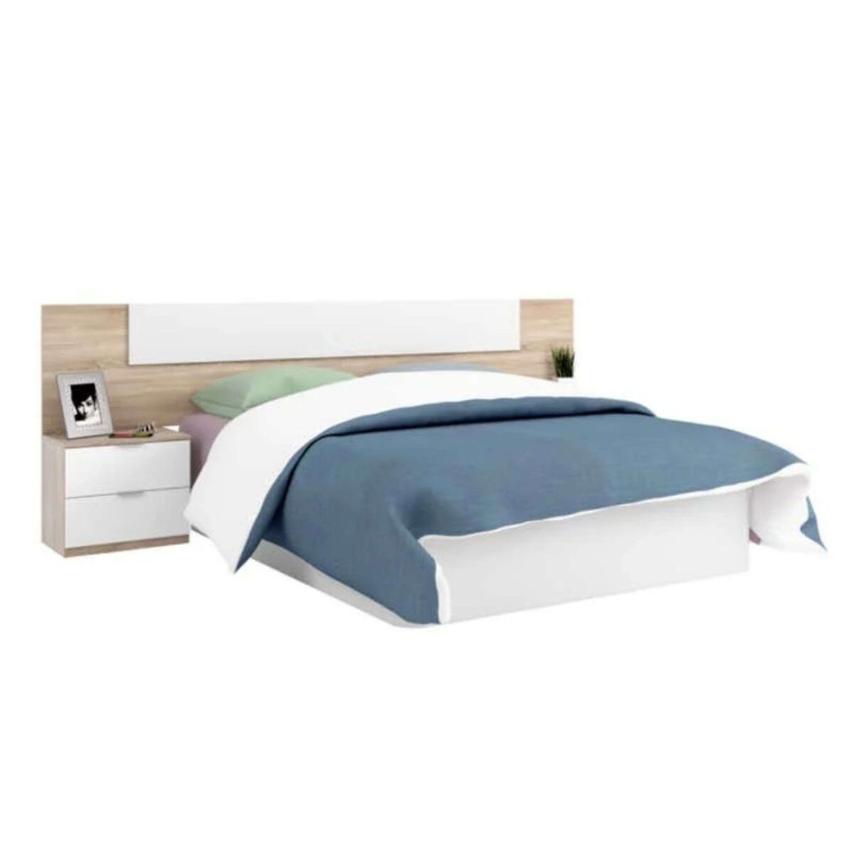 Pack muebles dormitorio estilo nórdico para camas 150 cm (cabezal+2 mesitas+armario)