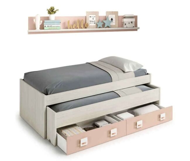 Pack habitación juvenil completa con cama con somieres (90×190/90×180) + armario + escritorio + estantería, color rosa, blanco y gris