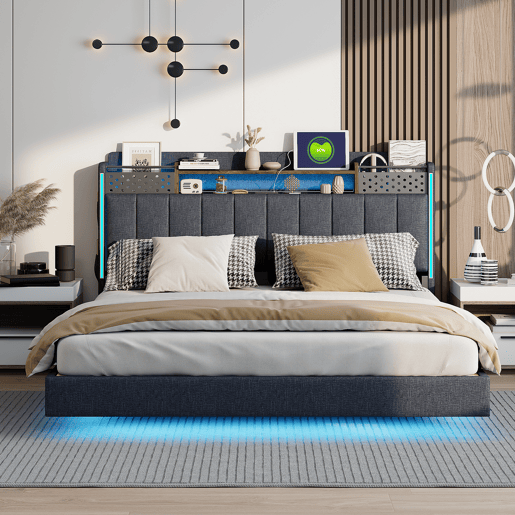 Cama em tecido de linho 160x200 cm - com tomada USB e estrado - Cinzento