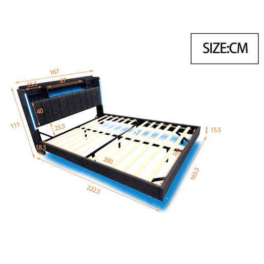 Cama em tecido de linho 160x200 cm - com tomada USB e estrado - Cinzento