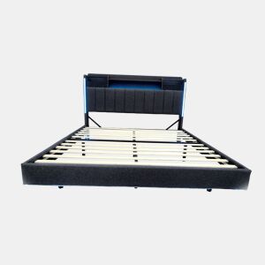 Cama em tecido de linho 140x200 cm - com tomada USB e estrado - Cinzento