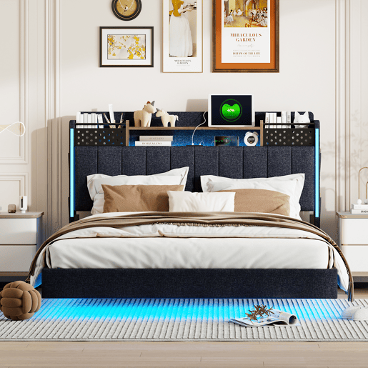 Cama em tecido de linho 140x200 cm - com tomada USB e estrado - Cinzento